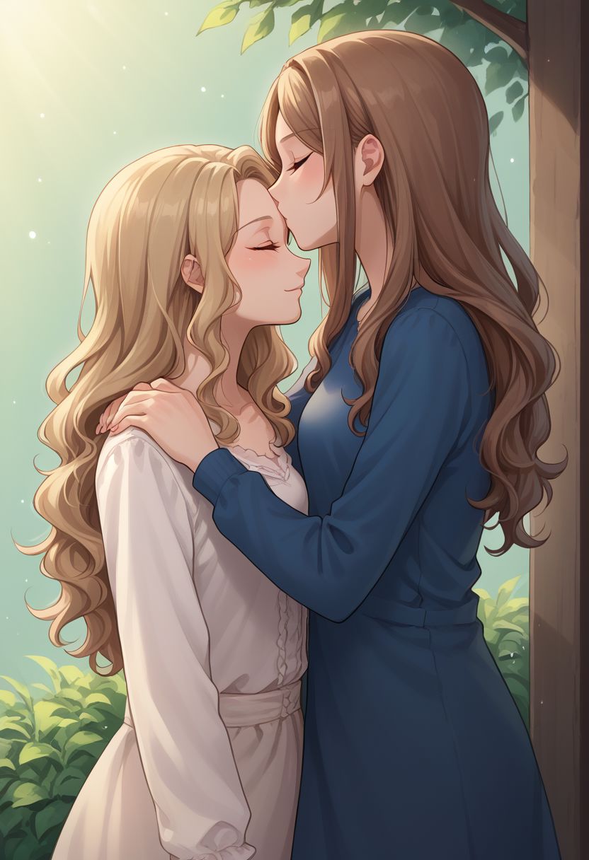 score_9, score_8_up, source_anime, highly detailed, 
kissing forehead, multiple girls, closed eyes, 2girls, yuri, kiss, long hair, profile, brown hair, blonde hair, wavy hair,
hand on another's shoulder, short hair, long sleeves,
outdoor, height difference,