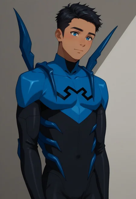 score_9, score_8_up, score_7_up, highly detailed, cute boy, 1boy, solo, Blue beetle, blue and black costume, black hair, brown skin