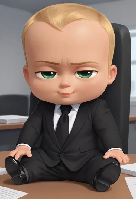 score 9, score 8, score 7, solo, 1boy, blonde hair, green eyes, necktie, black necktie, formal, suit, shirt, pants, shoes, chibi, sitting, desk, office,