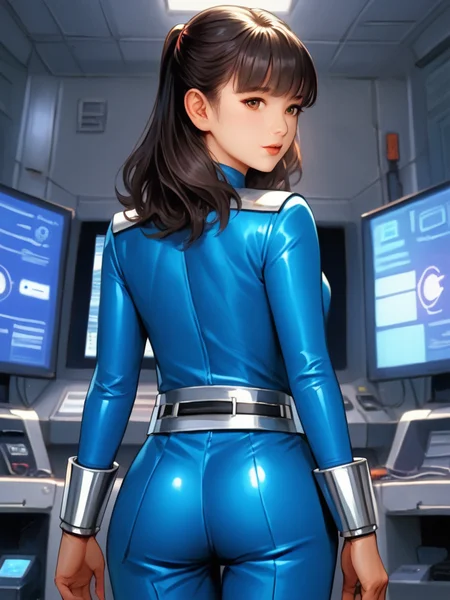 score_9, score_8_up, score_7_up, 1girl,solo,  <lora:100_shaider_annie_pdxl:1> anncost3, black hair, shoulder length hair, bangs, brown eyes, Japanese woman, blue bodysuit, silver bracers, silver belt, looking at viewer, control room, rear view