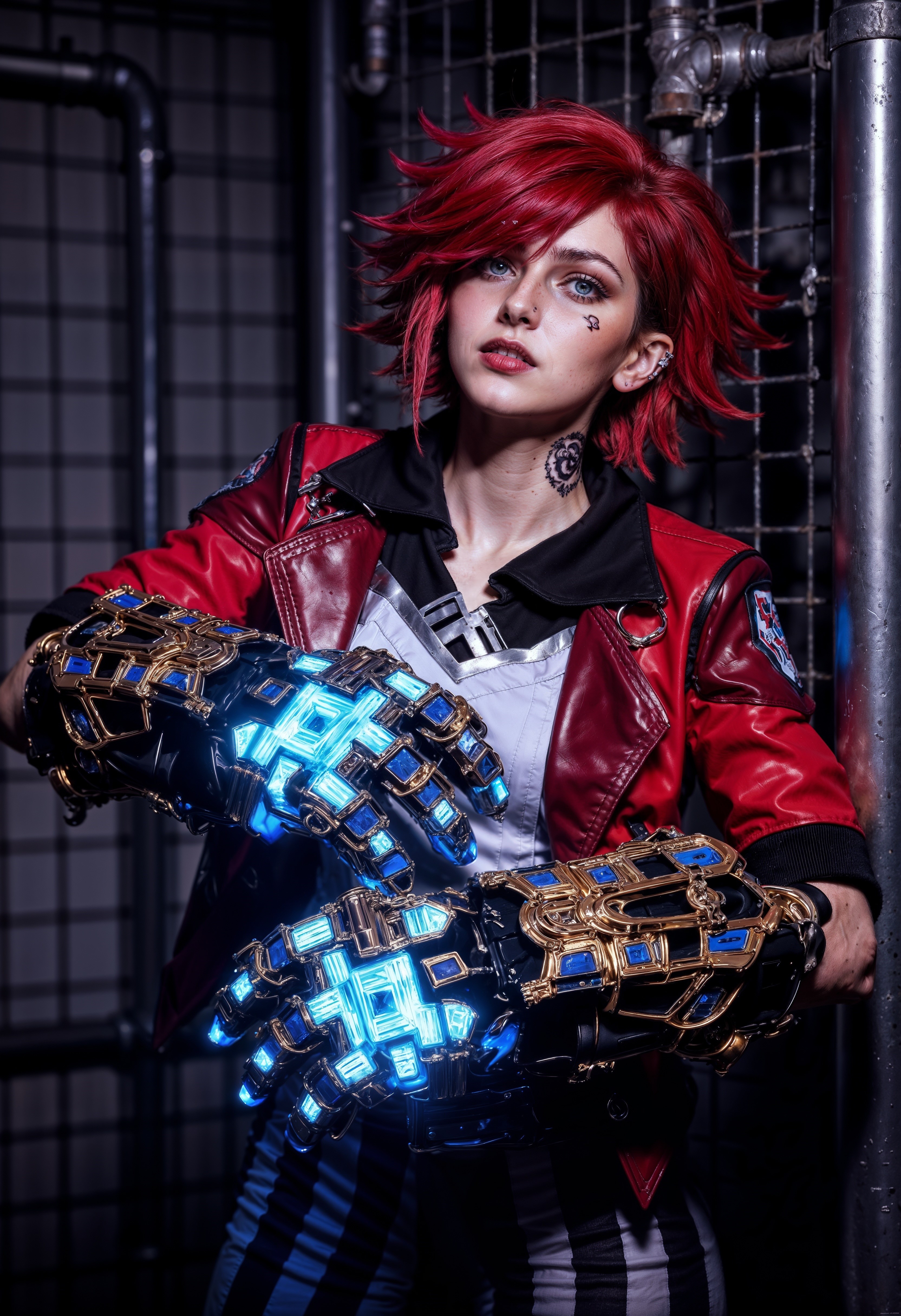 ViA, a vibrant photograph featuring a girl dressed as a character with a futuristic, steampunk aesthetic. The individual has striking short hair styled in a dynamic, tousled manner. She wearing a red leather jacket with intricate detailing, including a white emblem on the shoulder. The outfit is complemented by a white shirt and dark pants. The most notable feature is the pair of large, mechanical gauntlets on her arms, which emit a bright blue glow, suggesting a high-tech or magical element. The setting appears industrial, with a grid of metal pipes and a tiled wall in the background, adding to the gritty, sci-fi atmosphere. The lighting is dramatic, highlighting the character's intense expression and the glowing elements of the costume, creating a sense of action and energy. <lora:FluxMythP0rtr4itStyle:0.6> <lora:Midjourney_Dreamlike_Fantasy_FLUX_LoRA:0.6> <lora:Elden_Ring_-_Yoshitaka_Amano:0.33> <lora:FluxViA:1>