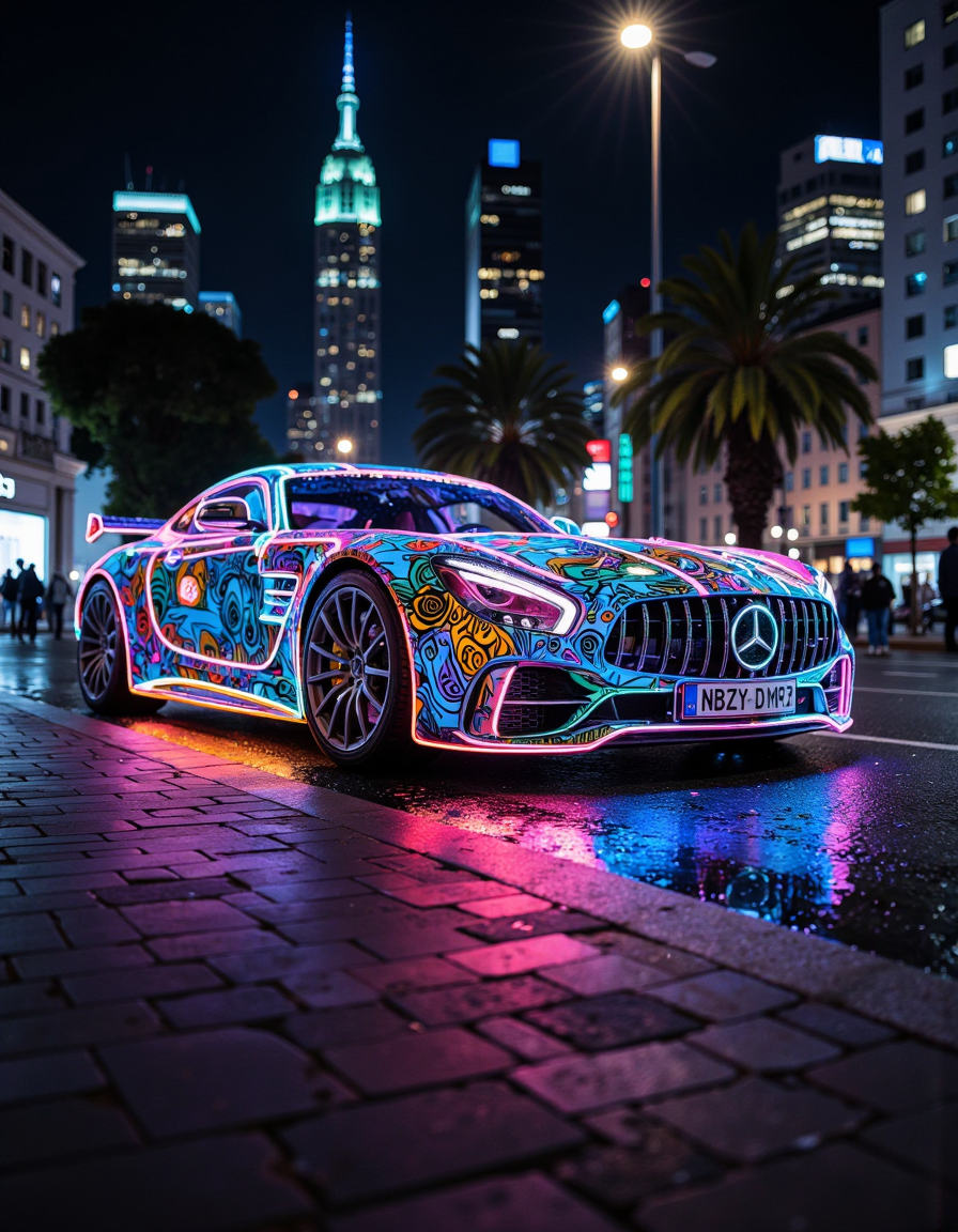a supercar covered in neon mold, city background, nightlife setting, contrast <lora:Exogenous:1>