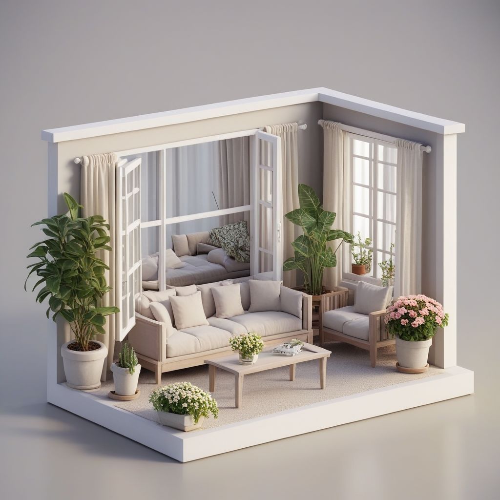 isztoksk, no humans, window, plant, chair, couch, curtains, vase, flower, bed, potted plant, 3d, miniature, isometric, game design, octane render, masterpiece, best quality
