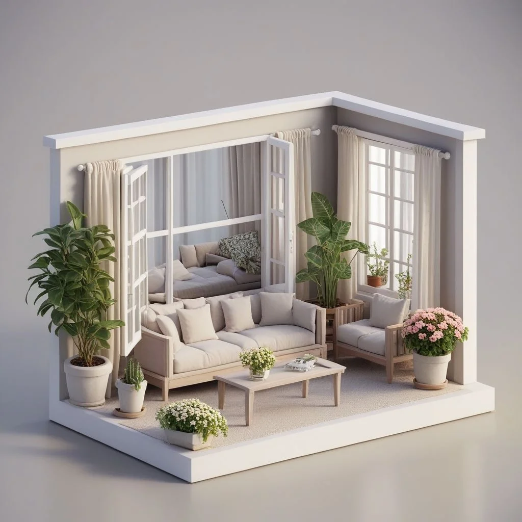 isztoksk, no humans, window, plant, chair, couch, curtains, vase, flower, bed, potted plant, 3d, miniature, isometric, game design, octane render, masterpiece, best quality