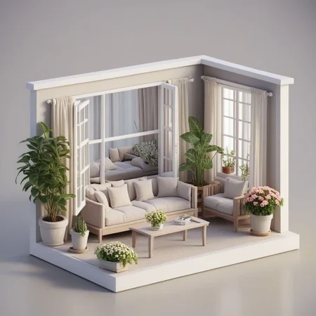 isztoksk, no humans, window, plant, chair, couch, curtains, vase, flower, bed, potted plant, 3d, miniature, isometric, game design, octane render, masterpiece, best quality