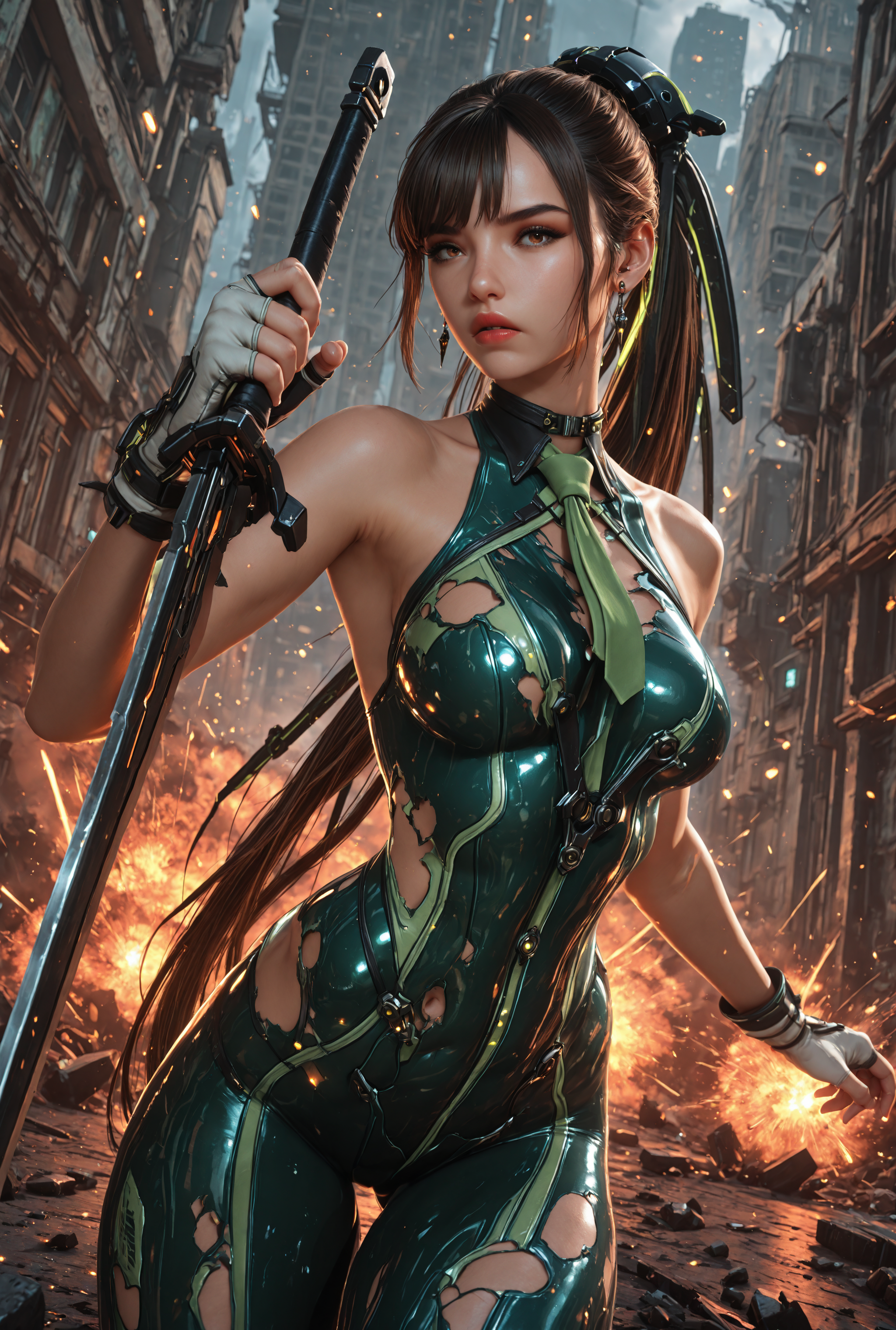 (masterpiece, best quality:1.2) absurdres, 8k, HDR, dynamic lighting , dynamic angle, detailed_eyes, depth of field, dynamic_lighting, detailed_background, dramatic_angle, Sinozick_illu, gradient, spot color, BREAK, StellarEve-Def, brown eyes, very long hair, ponytail, hair ornament, light red lipstick, earrings, dark green bodysuit, skin tight, green necktie, white fingerless gloves, bare shoulders, bare arms, BREAK, wincing, (torn clothes:1.4), fighting stance, holding sword, BREAK, dystopian city, ruined buildings, bounders, explosions, battle, falling embers, looking at viewer, close up <lora:DetailedEyes_V3:0.75> <lora:StellarEve:0.9000000000000001> <lora:Face_Enhancer_Illustrious:0.4>