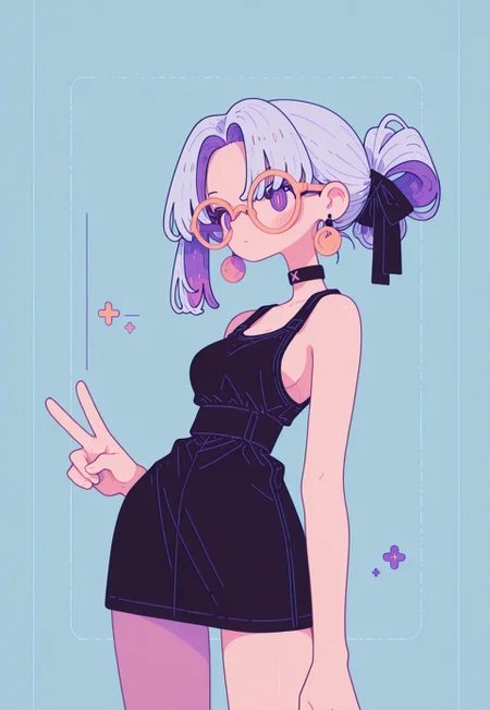 masterpiece, best quality, amazing quality, very aesthetic, absurdres,
1girl, solo, ((from above)),
silver hair, inner color hair, blush, parted bangs,folded ponytail, hair ribbon,
simple pastel turquoise blue background,
shy, blushed, multicolored hair, purple eyes,
large round rimless glasses ,
tank top, tight mini skirt, medium chest, side boob,
black choker, ultra detailed eyes,
looking side, upper body shot,
v,
earrings, jewelry, hair ribbon,
emotionless ,
from side,
(contrapposto:1.2), thick legs, chubby thick legs, thighs tension, realistic clothes texture,
narrow waist, wide hips, detailed eyes,
fl4t, Flatline, Flat vector illustration, Black outline, Vivid colors