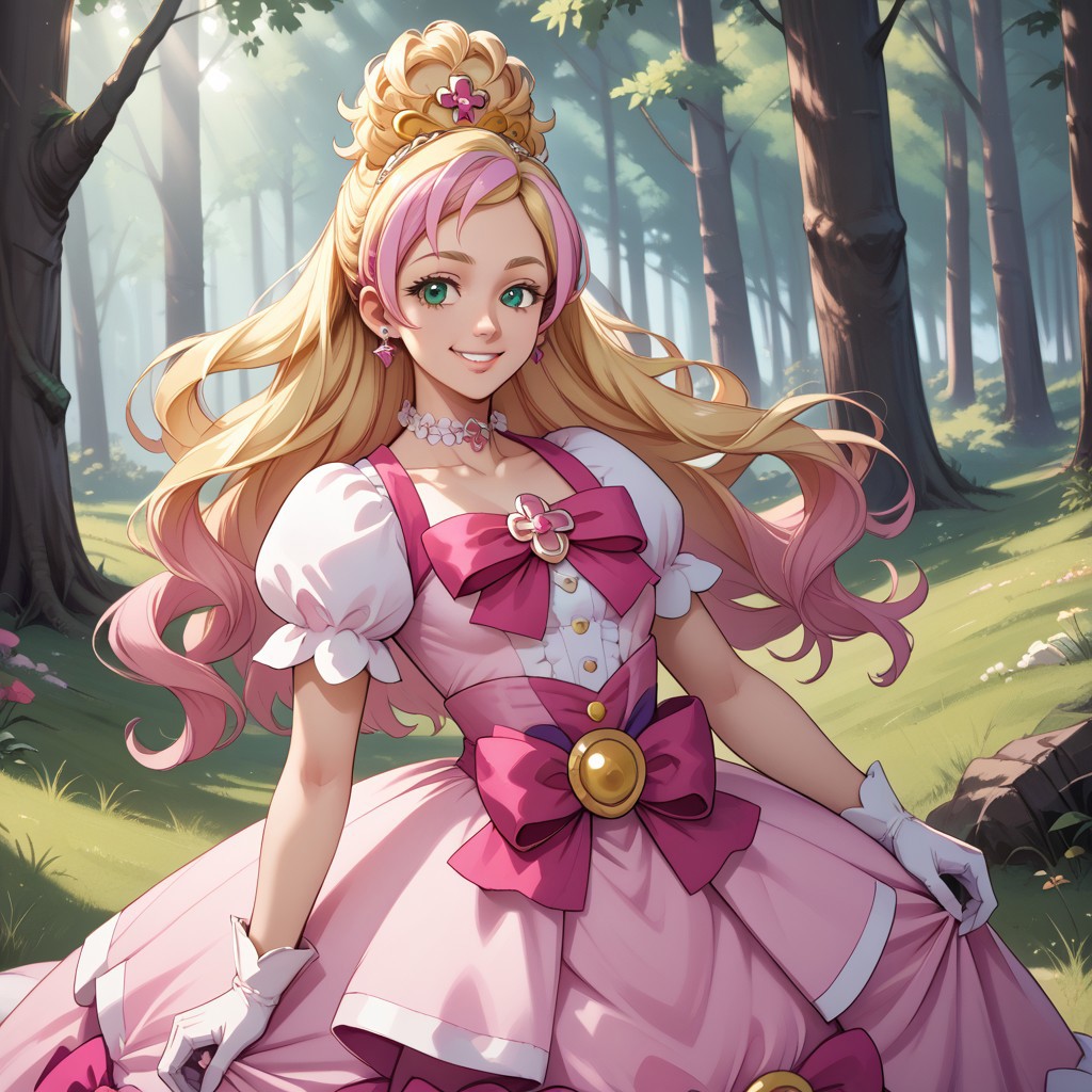 score_9, score_8, BREAK, solo, cure flora-ME,half updo,very long hair,gradient hair,blonde hair,pink hair,streaked hair,white gloves,earrings,puffy short sleeves,tiara, pink dress,white gloves,gown,waist bow,layered dress,pink bow,dress bow,dress flower,brooch,choker,green eyes,adult female,mature female,breasts, sexy pose, self portrait, smile, outdoors, sunlight, shadows, evening lighting, natural lighting, forest, trees, grass, orange sky, sunset