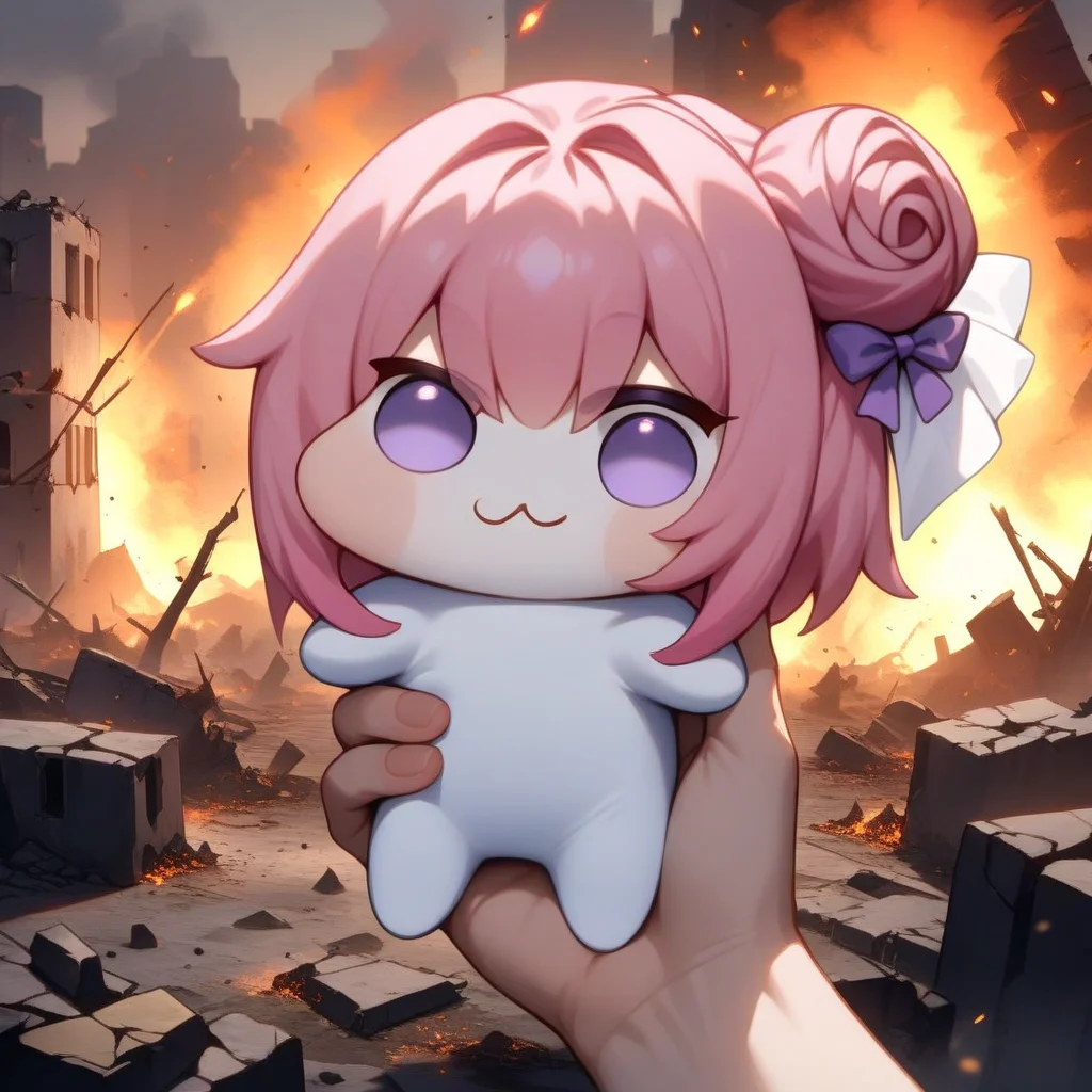 <lora:doro_xypher_amxl_v1:1> solo, doro \:3, chibi, solid circle eyes, no pupils, no humans, white skin, creature
, pink hair, purple eyes, single side bun, hair bow
, masterpiece, best quality, very aesthetic, absurdres
, pov hands, holding creature, outdoors, mini person, smoke, embers, ruins, ashes