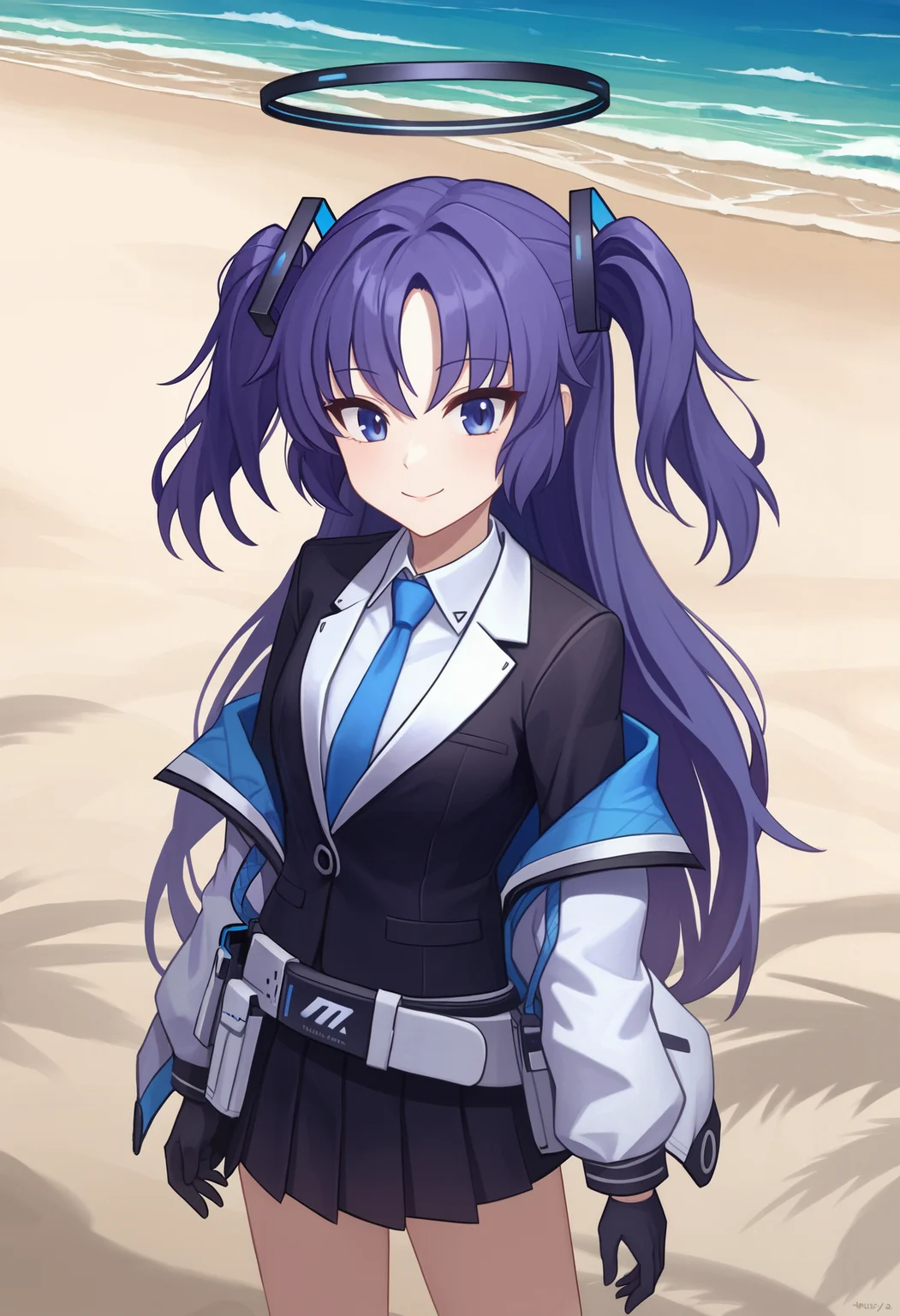 zPDXL, source_anime, BREAK
hayase yuuka, two side up, school uniform, open jacket, belt, halo, black gloves,
light smile, closed mouth,
standing, cowboy shot,
beach, <lora:yuuka-ponyxl-kohya-000007:0.8>