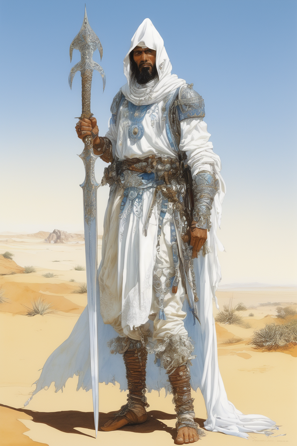 John Blanche Style - desert nomad warrior standing and holding a sword, full armor, Moorish and Persian style, Pure White cloth, ivory and azure ornaments, in the style of Philippe Druillet, in the style of Rodney Matthews