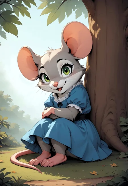 score_9, score_8_up, score_7_up, score_6_up, score_5_up, score_4_up, (solo), m0use_goldie, vivid colors, (grey fur, green eyes), blue dress, (mouse sitting under a tree), cute, feral, outdoors, close up, sitting, (knees to chest), (hugging own legs:1.2), nature, looking at viewer, (open mouth:0.7), (side view:0.9),