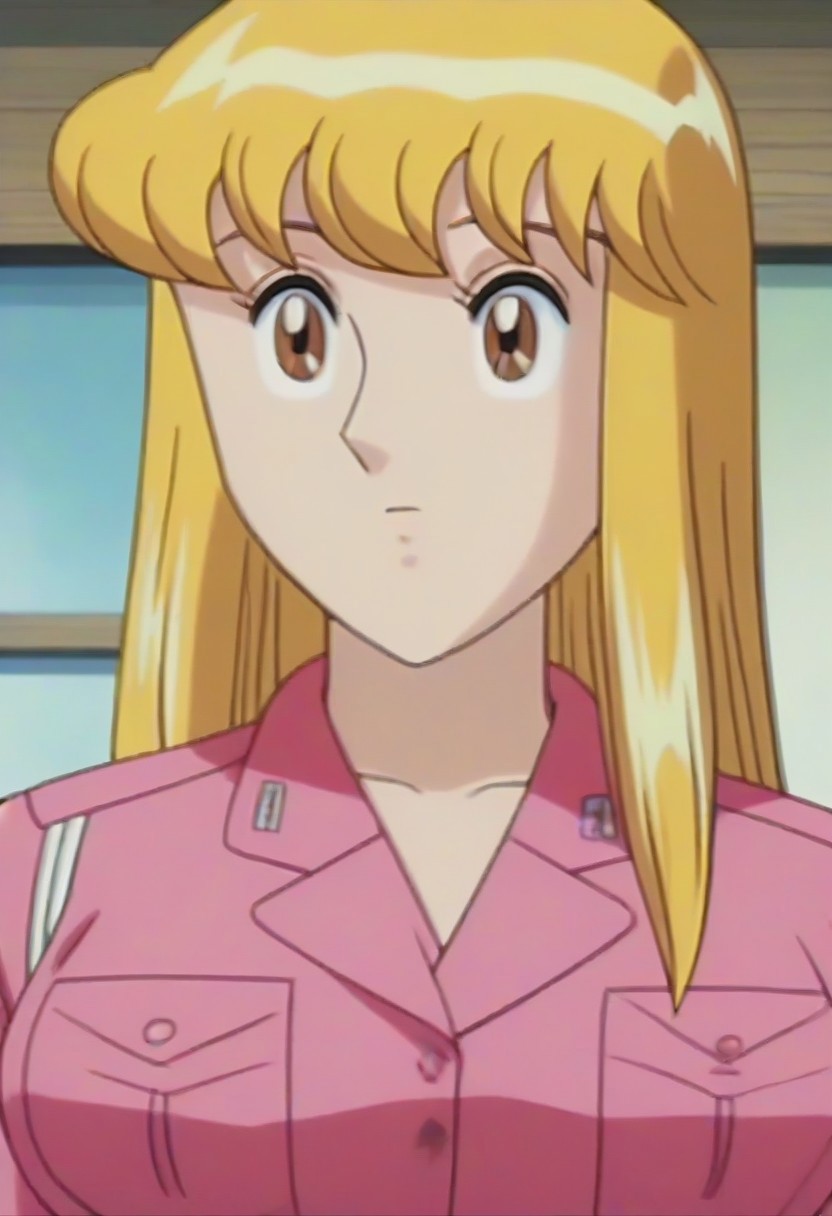 masterpiece, best quality, , anime screencap, anime coloring, official style,uncensored,1girl, solo, (kochikame, akimoto reiko, huge breasts, blonde hair, pink suit),