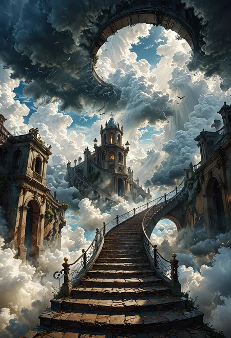 A surreal depiction of the quest for equality, represented by a vast, ((endless staircase winding through the clouds)), with diverse people climbing together toward a shining, elusive doorway at the top. The scene blends elements of fantasy and reality, with barriers along the path symbolizing various social obstacles. The mood is hopeful yet challenging, with ethereal lighting and symbolic motifs scattered throughout.
OverallDetailXL  <lora:MJ52:0.3>  <lora:SDXLFaeTastic2400:0.4>  <lora:EpicF4nta5yXL:0.7>