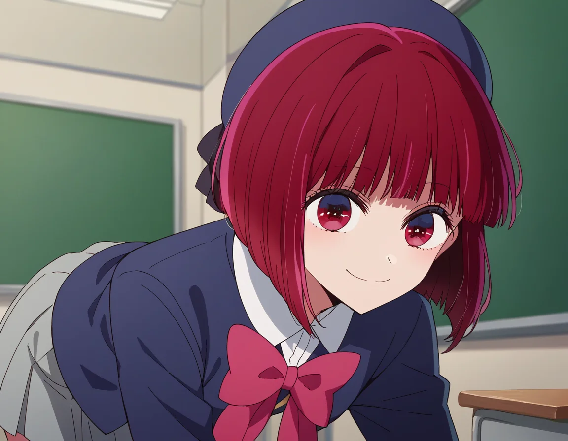 score_9, score_8_up, score_7_up, source_anime,
kanaarima, <lora:kana-arima-s1-ponyxl-lora-nochekaiser:1>,
kana arima, short hair, bangs, red eyes, red hair, bob cut, smile,
skirt, long sleeves, hat, bow, school uniform, jacket, pink bow, grey skirt, blue headwear,
indoors, classroom, bent over, smile,
looking at viewer, cowboy shot, dutch angle,