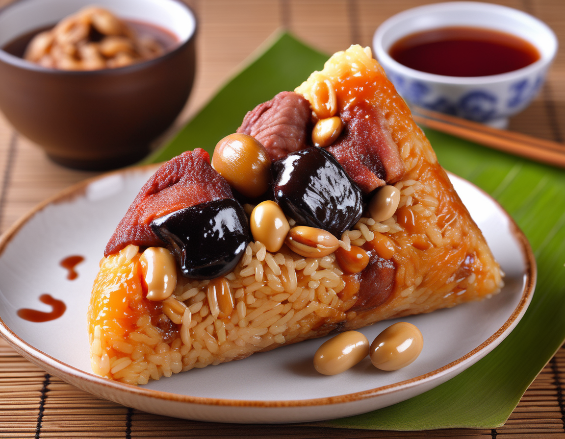 A delicious Chinese-style zonzanaked placed on a plate, drizzled with sauce. The zonzanaked is carefully wrapped, possibly with bamboo leaves, and the texture of the sticky rice and fillings is visible . The setting could be a dining table or a restaurant environment, with appropriate tableware and decorations. The scene should be as realistic as a high-resolution photograph, with warm and inviting lighting that highlights the details of the zonzanaked   ,<lora:mazon:0.6> , rice,Meat,chestnut,Peanuts
