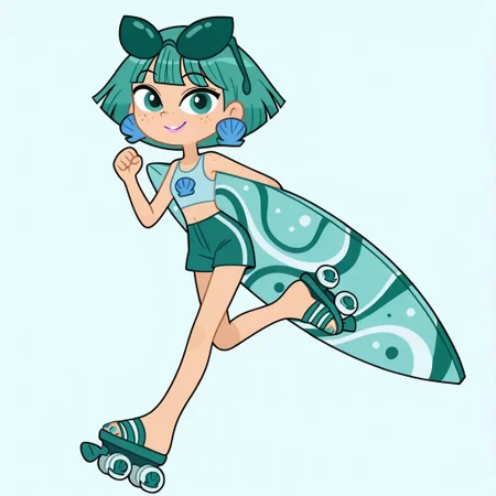 masterpiece, best quality, amazing quality, perfect cute face, on model, accurate art style, cartoon screencap, show accurate, neptunemwatgg, 1girl, solo, freckles, aqua hair, short hair, aqua eyes, light pink lipstick, shell earrings, light blue crop top, aqua shorts, blue toenail polish, open toed shoes, aqua roller skates, aqua sunglasses, sunglasses on head, full body, smile, looking at viewer, running, holding surfboard, simple background
