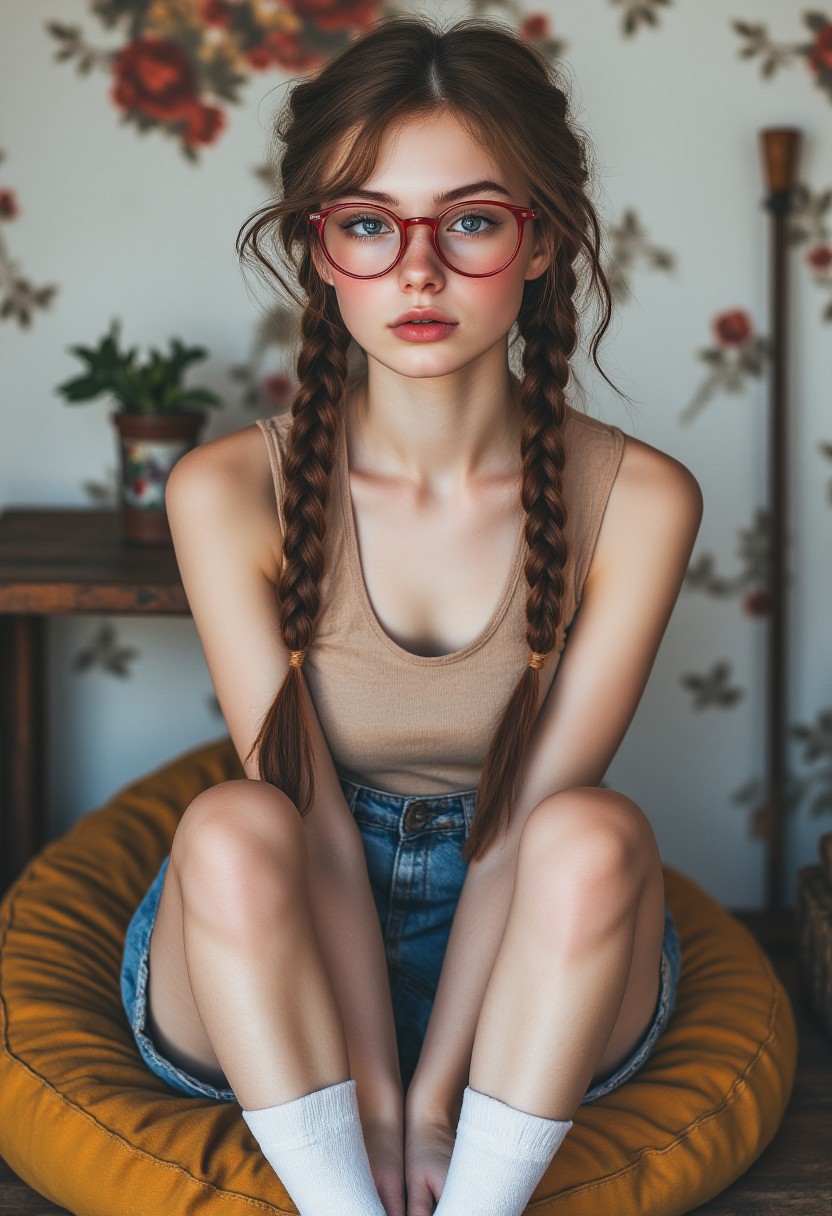FictionalBeth a nerdy white girl in her late 20s, brown hair, twin braids, Thick red rimmed glasses, grey eyes. Sitting on a beanbag, denim shorts and beige tanktop. Wearing white anklesocks, no shoes, cute face