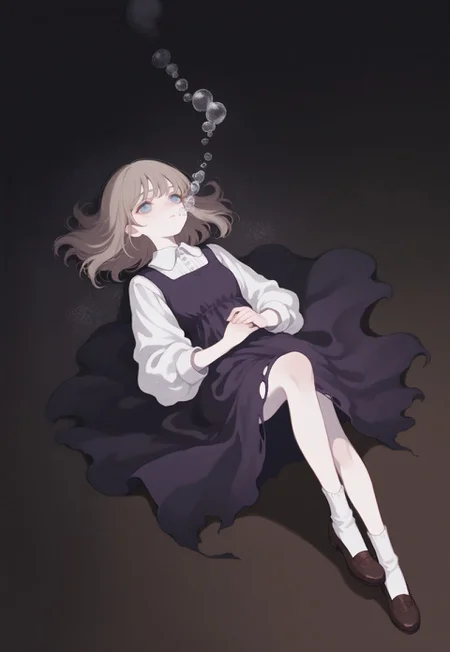 solo, ethereal, detailed, contemplative, from above,
void,
falling, on back, bubbles,
1girl, very pale, brown medium hair, blue eyes, dark purple dress, collared_dress, white_collar, torn dress, brown shoes, white socks, mary_jane shoes,
(748cmstyle:1.3),
masterpiece,best quality,amazing quality, detailed,