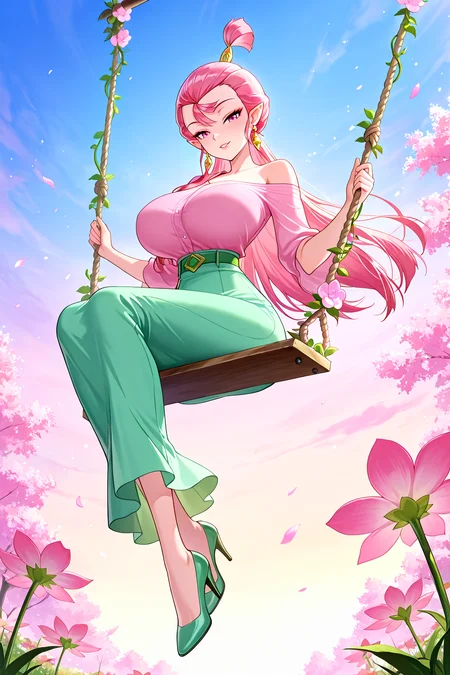 from below,swing,swing set,sitting on swing,swinging,flower swing,outdoors,
1girl,mature female,milf,huge breasts,narrow waist,wide hips,looking at viewer,full body,high heels,seductive smile,long legs,slim legs,
Best quality,masterpiece,soft light,official art,high quality,highres,absurdres,epic scene,natural textures,<lora:Xiao Long Nv IL:1>,xiao long nv,long hair,pink hair,topknot,earrings,jewelry,hair bun,fins-shaped hair bun,single hair bun,pointy ears,pink eyes,fins on arms,pink clothes,green skirt,long skirt,green belt,one bare shoulder,