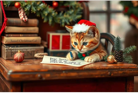christmas style, in an old desk,  a liittle cat writting a letter with the text "Dear Santa. Fulfill all the wishes of people who donate BUZZ"