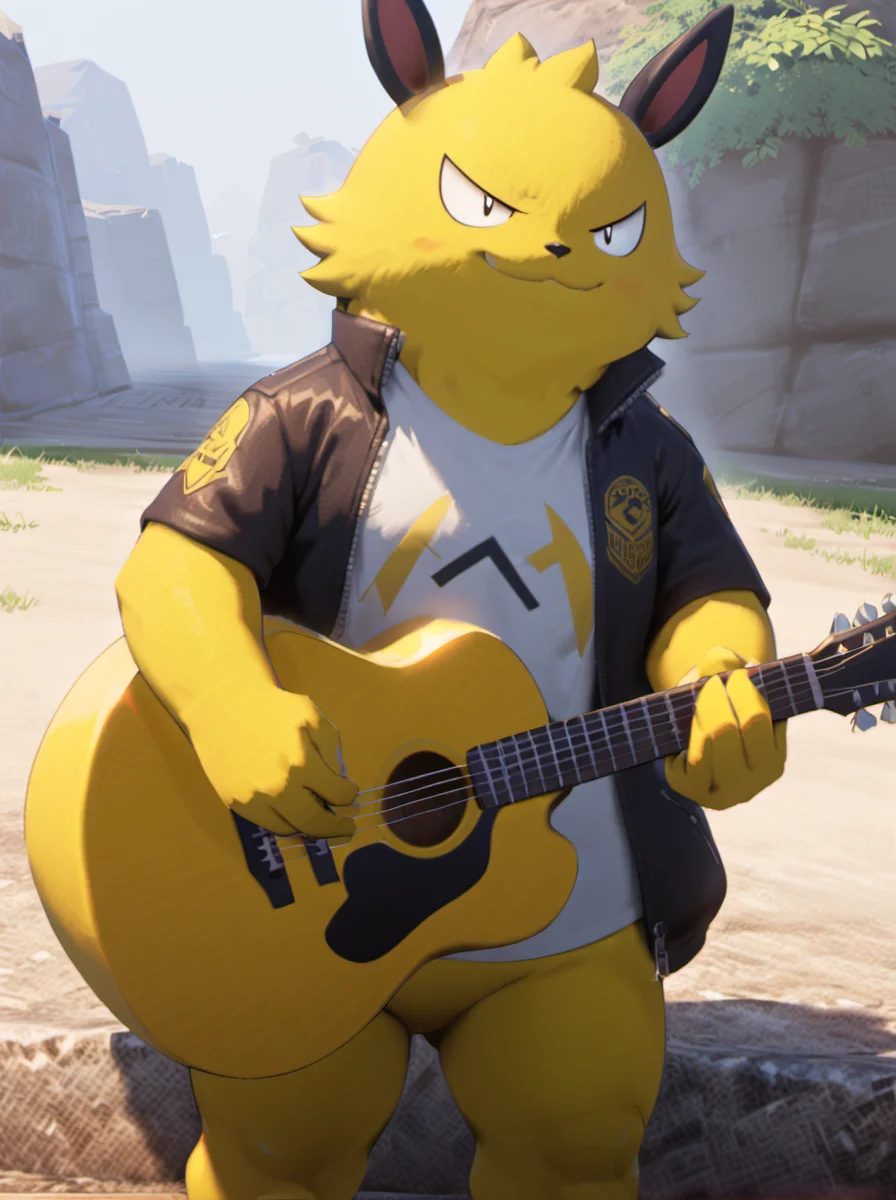 palworld-grizzbolt, pokemon, solo, <lora:palworld_grizzbolt_xl_v1-000019:0.8>, furry male, (yellow skin:1.5),
flower,outdoors,playing guitar,music,holding guitar,jacket,:3,shirt,masterpiece,best quality,