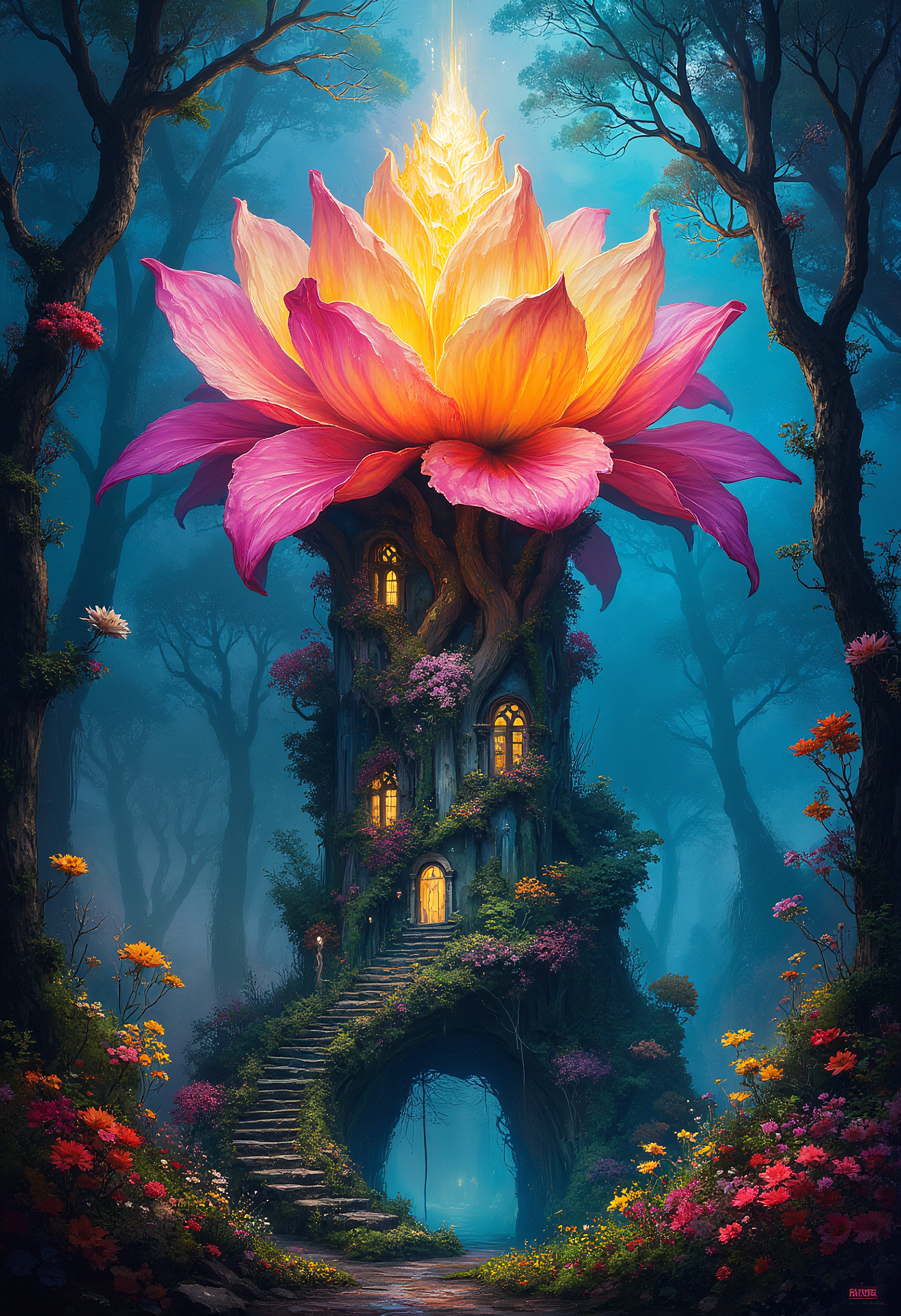 Hidden tower, a flower with it's stem made into a hotel in an enchanted forest grounds, fantasy, Vibrant Glow