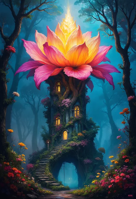 Hidden tower, a flower with it's stem made into a hotel in an enchanted forest grounds, fantasy, Vibrant Glow