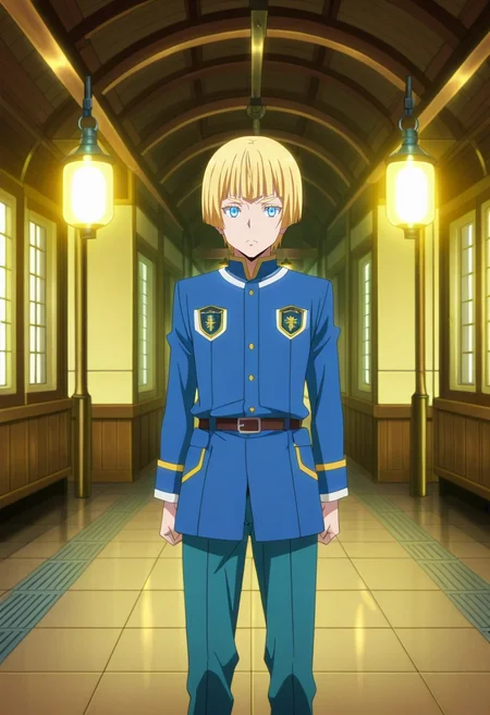 masterpiece, best quality, anime screencap, anime coloring, official style, , , 1boy, male focus, ice blue eyes, strawberry blonde hair, Caesar cut,, solo, vintage train station, steam engines, glowing lamps, bustling platforms, waiting pose, hopeful expression, nostalgic light, <lora:tensura_style_ilxl:1>, tensura_style,