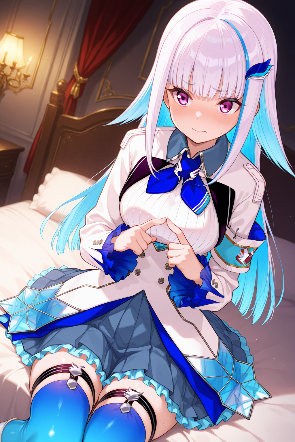 1girl, LizeHelestaNijisanji, 
sensitive, solo, dynamic angle,
purple eyes, 
embarrassed, index fingers together,
sitting,
long hair, white jacket,
frilled sleeves, armband, 
blue necktie,
collared shirt, large breasts,
frilled skirt, thigh strap, blue thighhighs,
indoors, in the castle, on bed,
<lora:kp_LizeHelestaNijisanji1stCostumeIllustrious_v1_0:1.0>,
masterpiece, best quality, amazing quality