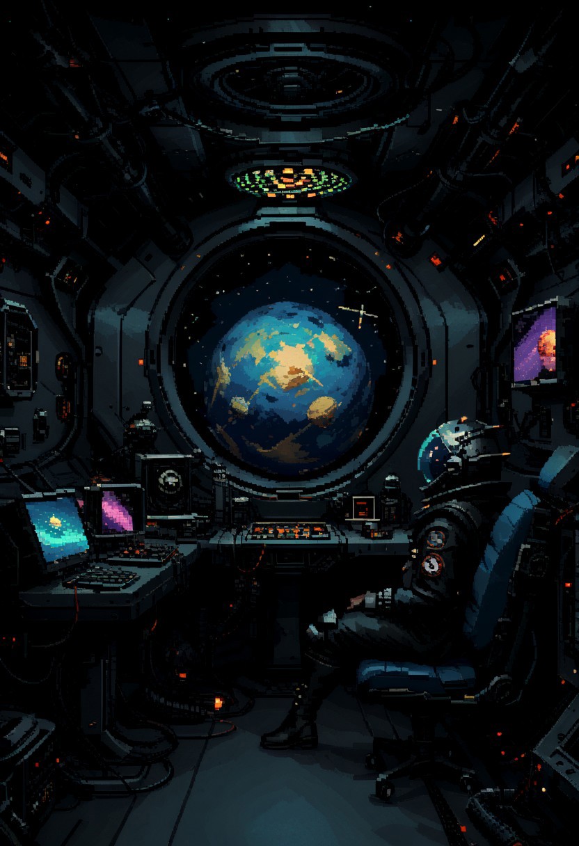 score_9, score_8_up, score_7_up, yamer_pixel_fusion, pixel art, space ship, interior, retro futuristic, atompunk, hyper-detailed, scifi, lofi, d3p1x3l, pixel art