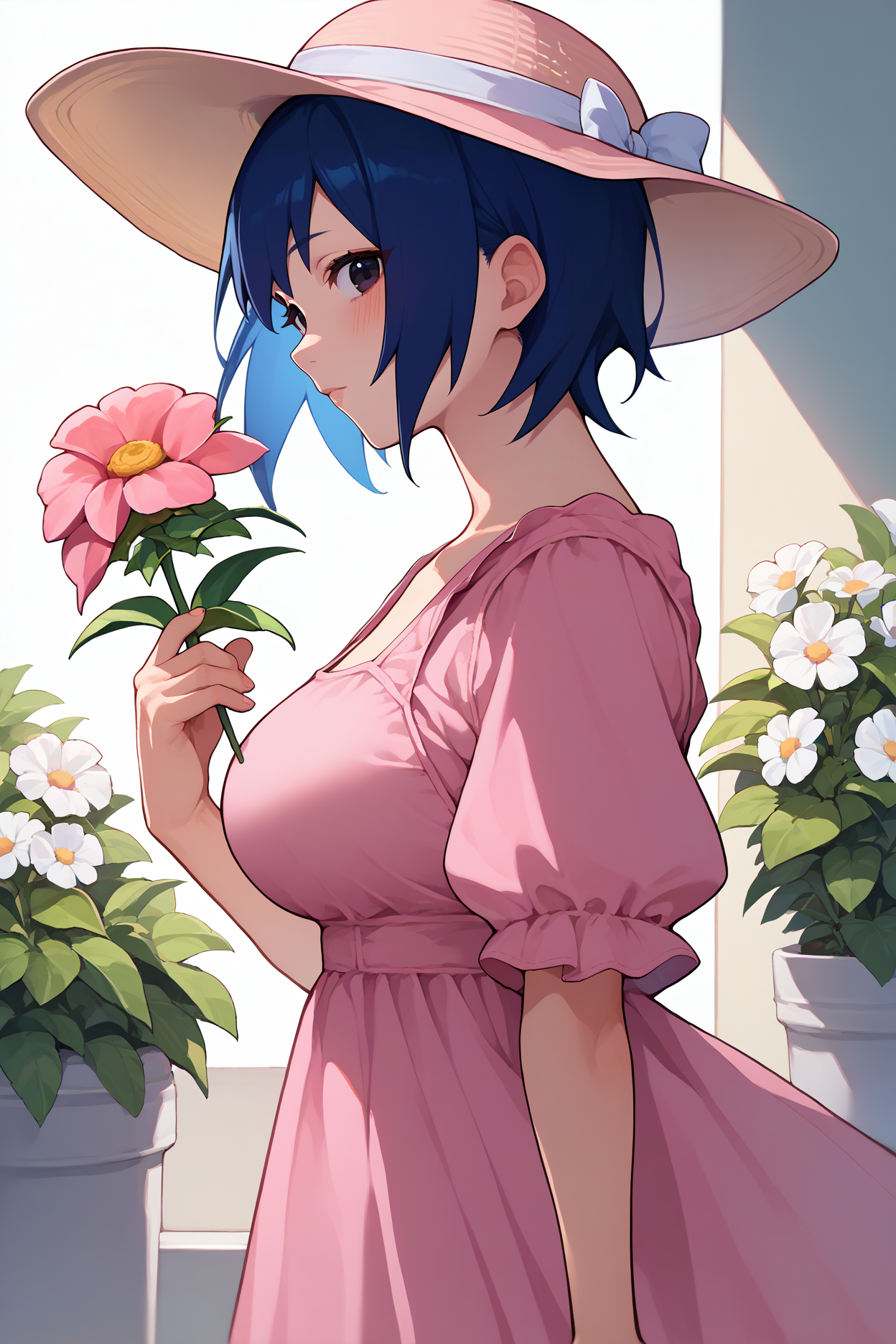 score_9, score_8_up, score_7_up, score_6_up, source_anime, 1girl, solo  <lora:natsuayuhara-pdxl-nvwls-v1-000006:1> ayuharanatsu, dark blue hair, short hair, black eyes, big breasts, pink dress, pink hat, sun hat, looking at you, sundress, holding flower, blush, looking at you, from side, meadow