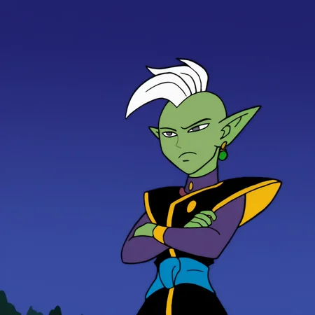 <lora:Kim_Possible_Style_6c_Illustrious_aon:1> kmstyle, masterpiece, best quality, outdoors, night, dark, looking at viewer, closed mouth, 1boy, solo, <lora:Zamasu_All_in_One:0.6> Zambaseasu, colored skin, green skin, mohawk, white hair, grey eyes, pointy ears, potara earrings, single earring, green earring, purple shirt, long sleeves, shirt under tunic, black tunic, shoulder pads, yellow trim, gold button, blue sash