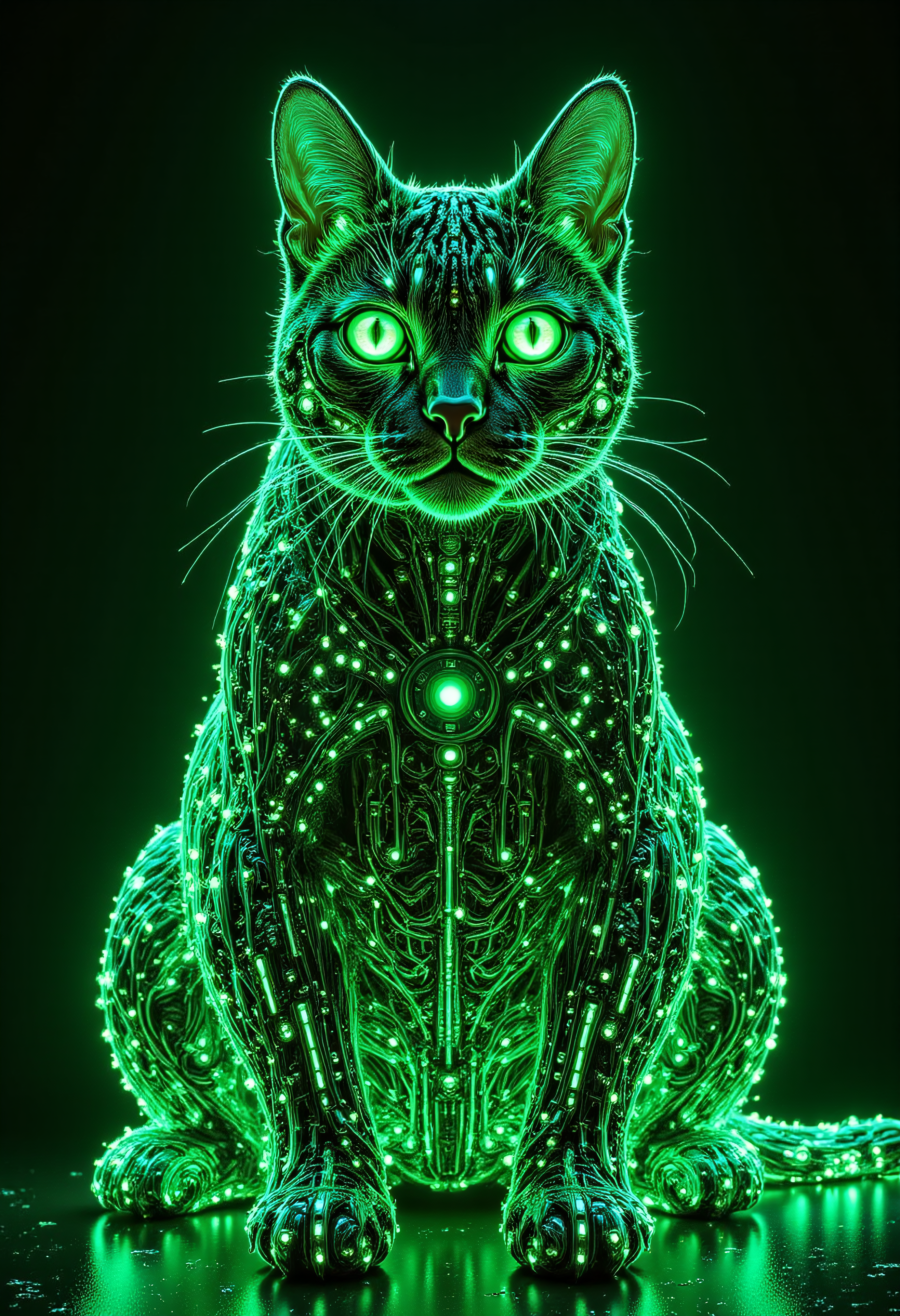 pinkmechalux, high quality, 8K Ultra HD, Imagine a vibrant canvas illuminated by a cascade of green binary code, forming a silhouette of a sitting cat, dynamic lines and patterns similar to the matrix. <lora:PinkieMechaLuxFLUX:1>