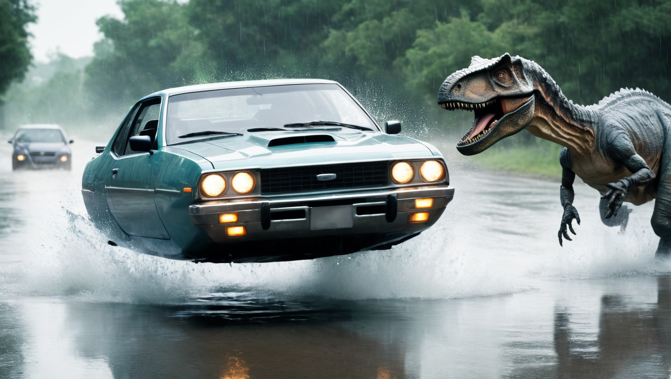 photo of futuristic hovering car,  (pursued by dinosaurs:1.5), no wheels, science fiction, scifi, retrofuturistic, high-speed chase cinematic, splashing water, raining , depth of field, motion blur, terrified driver, <lora:Hovering_Car_SDXL_v1:1> hovering_car