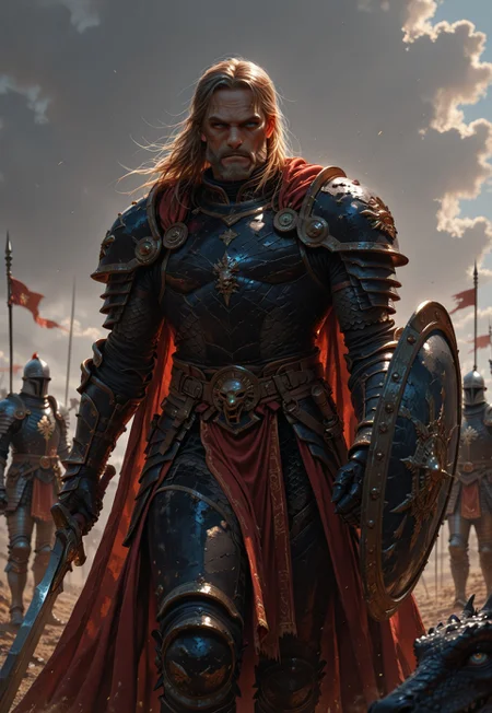 Masterpiece, best quality, newest, absurdres, highres, clear eyes, detailed eyes, 1boy, portrait, masculine, 40 years old, wrinkled face, determined, gaunt, knight, armor, facial scars, beard, receding hair, black armor, blue eyes, dragon hide cape, fur collar, pauldrons, plate armor, gauntlets, shield, holding longsword, standing in battlefield, MythAn1m3, realistic