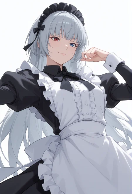 Smooth Quality,masterpiece,very intricate, high quality details, ultra realistic, high detailed skin,detailed enviorement,absurdres,
simple background, white background,solo,
from below,dancing,
troll face,
<lora:Valentine_CNR:0.8> valentine_cnr, 1girl, blue eyes, grey hair,red eyes, heterochromia, blue eyes,very long hair, valentine_maid,black ribbon, bow, dress, frills,juliet sleeves, maid apron,black maid headdress, puffy sleeves, ribbon,