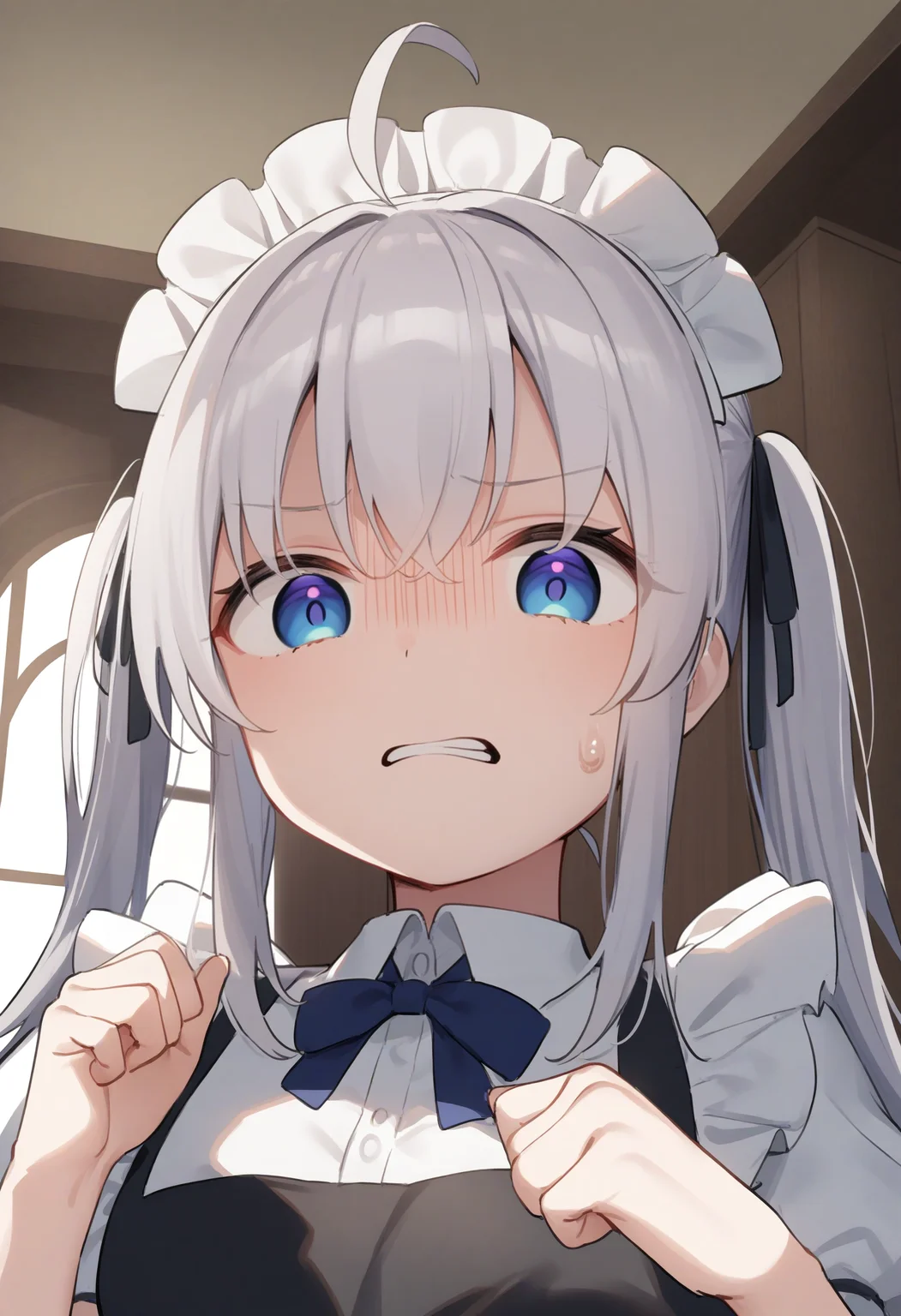1girl,sincos, ningen mame, toosaka asagi,solo,medium breasts,20yo,maid,maid headdress,
donbiki,<lora:donbiki_XL_v1:0.7>
sweatdrop, looking at viewer, shaded face, turn pale, jitome, disgust, gloom (expression), d:, frown, empty eyes, no pupils, clenched teeth, hands up,
from below, portrait, silver hair, purple eyes, in chapel, quad tails hair,,
best quality, very aesthetic, absurdres