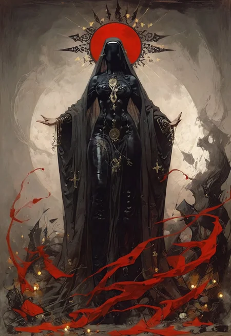 safe_pos, ((score_9, score_8_up, score_7_up)), (((character design, sci-fi warrior women, feminine power, perfect anatomy))), symmetry, contrast, (flat shapes), vertical lines,
An enigmatic figure of a (satanic)nun(caucasian), her (dark habit_catsuit covers all her skin), conducting a sensual satanic ritual inside a dark cathedral during night under a red eclipse. Her (eyeless)mask, elaborate crown, (fully)conceals her identity, adding to her mystique and allure. (gold stiletto platform thigh boots:1.2), big breasts, tiny waist, flat abs, naughty, looking at viewer, seducing with her body, dancing towards viewer with her arms, blood flowing from her hands, sexy ass seductive wide hips, legs apart, strong stance pelvic curtain, butt cheeks, twerk, perky breasts, in the style of a vintage, high-contrast setting. Emphasize theatrical elements with extreme opposition of bright colors against dark, moody backgrounds, (stylized eyes surrounding her)  
,big butt, booty, bubble butt, <lora:add-detail-xl:2> ph4nt0m01l, retrobigguns, style-empire