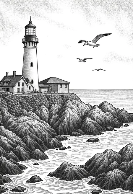 Lonely lighthouse on a rocky shore, stippled illustration in the style of STPPLD, with waves crashing against jagged rocks and seagulls circling under a cloudy sky, creating a moody and textured seascape