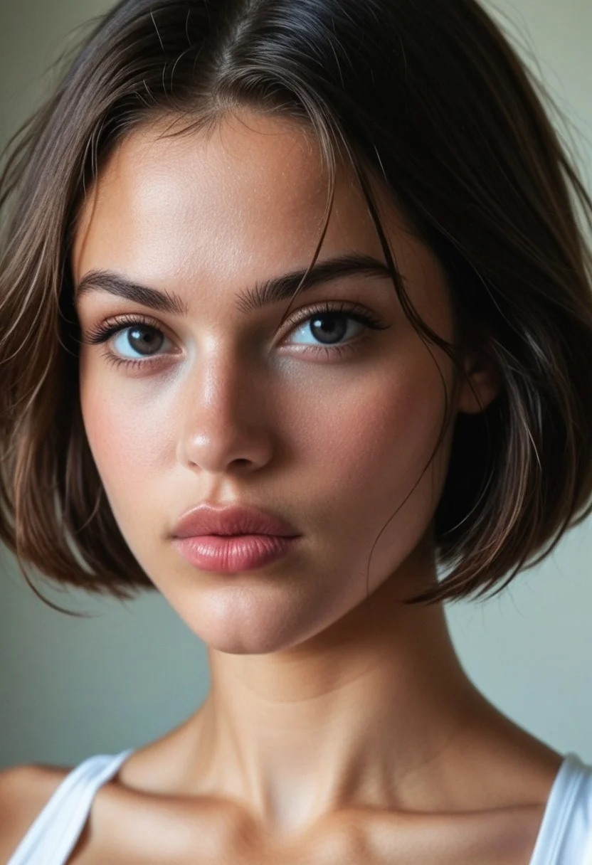 1girl,(masterpiece:1.2), (best quality:1.2), (extremely detailed), (extremely detailed face), (ultra detailed), 8k, photorealistic, cinematic lighting,black hair, black eyes, portrait photo, nikon RAW photo, 8k ,Fujifilm XT3, photorealistic, detailed face, fair skin, perfect shape, dim lighting, sexy hips, ((dynamic pose:1.4)),, (big sexy lips), thin_waist, (meaty_thighs:1.2), (transparent turtleneck), ((low waist pantyhose)), ((modern ART STYLE:1.3)), POP ART STYLE, ART STYLE, half body shot, film grain,depth of field,ferrania p30 film,shadows,35mm photo, grainy, vignette, vintage, ferrania p30 film,shadows,natural saggy breast, (nipples protrude:0.5), wide hips, bob cut, angry