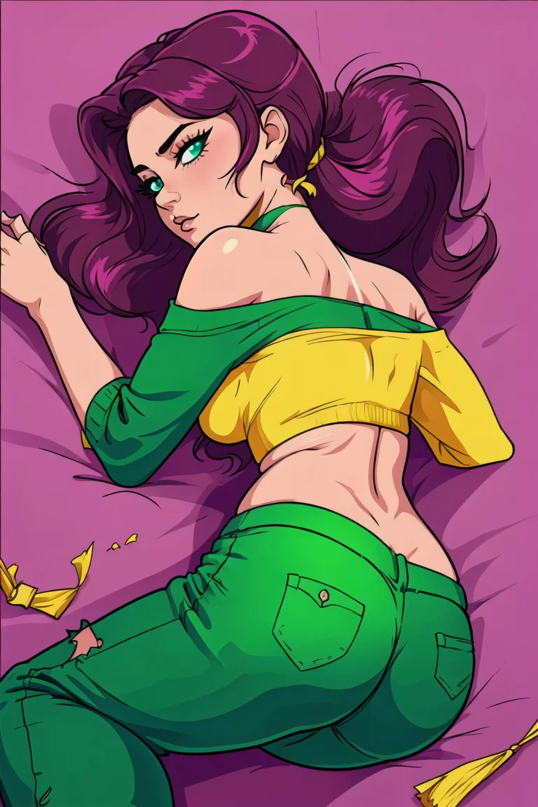 girl, (eyes, eyeshadow, detailed eyes), (hotify,digital art,fit,hot body,instagram:1.2),(future:1.4), (Medieval,Future Background:1.4),Venus Body,Round Breasts,(Lying on Stomach, ((ass))),Long Hair,Bouffant,(saffron Cold Shoulder Top,green Torn Pants:1.3),idolmaster cinderella girls,Sexy Attire ,(masterpiece,detailed,highres:1.4) <lora:butterfly:0.4>