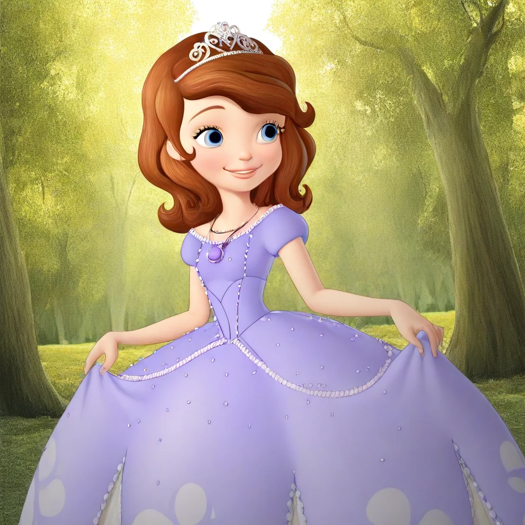 masterpiece, best quality, solo, sofia_tf, brown hair, blue eyes, tiara, dress, necklace, smile, tree, natural lighting