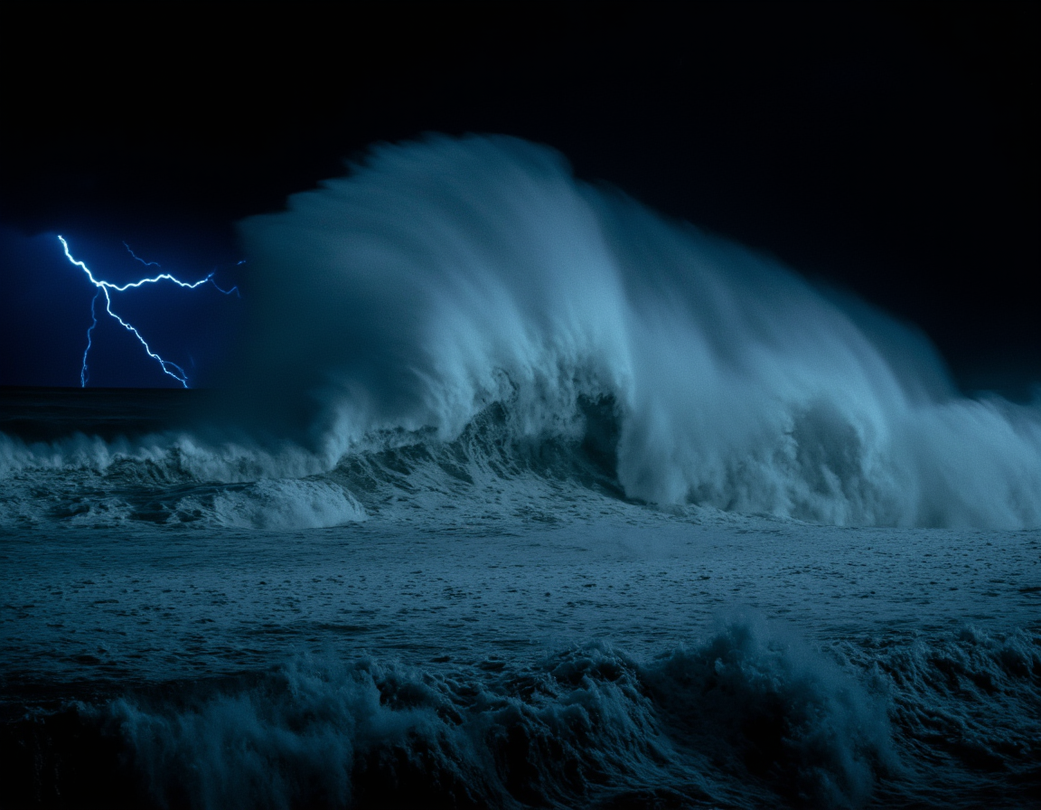 <lora:{nightambience, }Night_ambience-000015:0.8> nightambience, A photorealistic, ultra-sharp image capturing the intense fury of a hurricane raging over a stormy sea at night, with towering waves crashing against the dark, turbulent waters under the faint, eerie glow of lightning. The scene is set in the midst of a chaotic tempest, with the hurricane's powerful winds whipping the sea into a frenzy, creating massive, foamy waves that stretch high into the air, their crests blown off in spray. The sky above is a deep, foreboding black, illuminated only by the occasional flash of lightning that casts an otherworldly, electric blue glow over the turbulent scene, highlighting the detailed, textured surfaces of the waves and the surrounding air thick with rain and spray. The lighting is dramatic and intense, with the lightning flashes casting deep, ominous shadows in the waves and the stormy sky, and the sound of the hurricane is almost palpable in the image. The stormy sea stretches out to the horizon, meeting the black sky at a sharp, jagged line, with the waves and spray creating a misty, atmospheric effect that rises into the air. The image is rendered in exquisite, ultra-sharp detail, with every drop of water and every gust of wind visible in crisp, 4k clarity, creating a truly immersive and breathtaking view of the raw power of nature. The shot is a wide-angle, cinematic view, capturing the full fury of the hurricane and the stormy sea, with a shallow depth of field that draws the viewer's eye into the heart of the tempest. The overall mood is one of awe-inspiring intensity and power, with the image conveying the uncontrollable force of the hurricane and the sea. The texture and rendering style are hyper-detailed and realistic, with every element of the scene, from the waves to the lightning, rendered in precise, accurate detail, creating an image that is both beautiful and terrifying. The image features a slight motion blur, capturing the dynamic movement of the waves and the wind, and the soft, diffuse glow of the lightning adds a sense of depth and atmosphere to the scene, drawing the viewer in and refusing to let go. . 35mm photograph, film, bokeh, professional, 4k, highly detailed