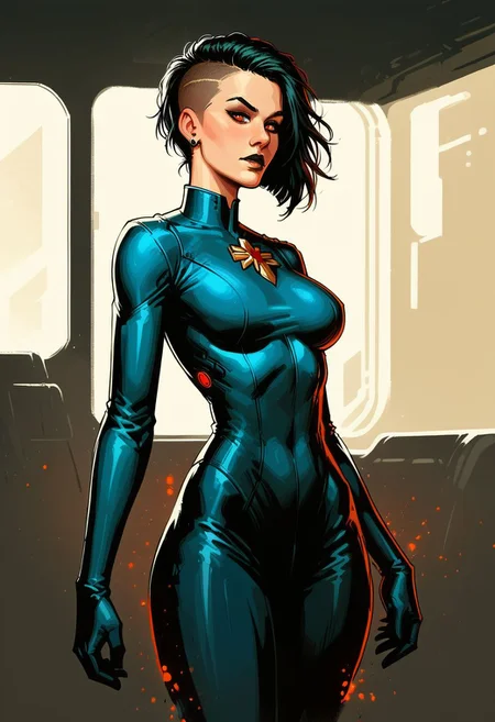 score_9, score_8_up, score_7_up, score_6_up, dcaustyle, 1girl, captain marvel, black bodysuit, glowing black, goth filr, raven, hair, undercut, pointy breasts, cowboy shot, spacecraft interior, 2d, glowing red eyes,
