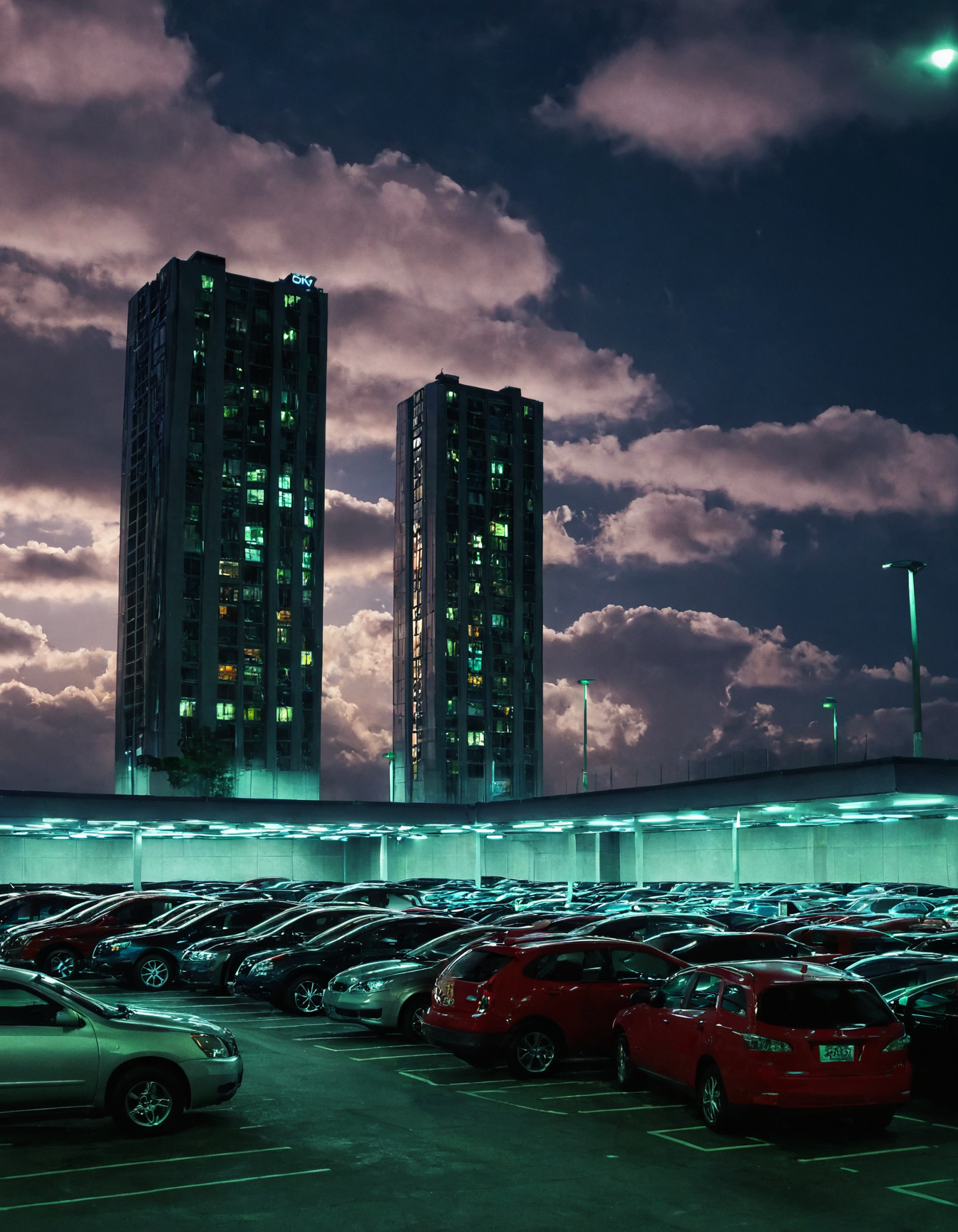<lora:RokuSignHD:1>,rokusignhd,scenery,building,city,outdoors,cityscape,skyscraper,city lights,, a parking lot with a lot of lights and a sky background with clouds in the sky and a few cars parked in the lot [1]