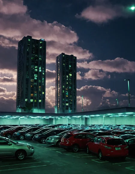 <lora:RokuSignHD:1>,rokusignhd,scenery,building,city,outdoors,cityscape,skyscraper,city lights,, a parking lot with a lot of lights and a sky background with clouds in the sky and a few cars parked in the lot [1]