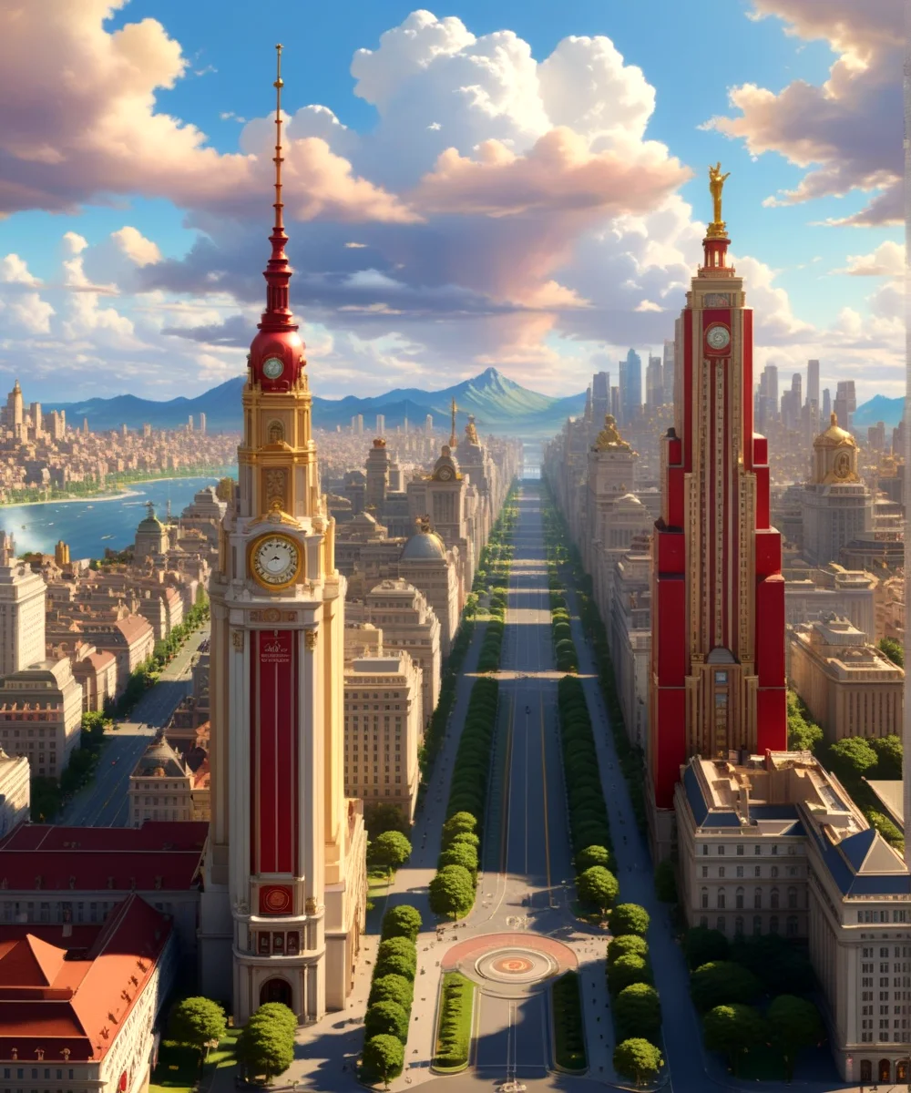 score_9, score_8_up, score_7_up,
<lora:Authoritarian_Architecture_(Architecture)_(SDXL)_(AD):1> authoritarian, scenery, building, city, cityscape, architecture, monumental architecture,
8K, In'ei, chiaroscuro, soft natural volumetric cinematic perfect light, perfect depth of field shot, ray tracing, photometry, beautiful, subsurface scattering, idealized modern city, wide beautiful boulevards, busy city center, parks and manicured lawn areas, large parks, plazas, skyscrapers, hyper detailed, art by Thomas Kinkade, detailed background, detailed photographic fluffy anime clouds, Unreal Engine, CGI render, absurdly detailed, modern era photograph, masterclass oil painting, made of sandstone and concrete, ((red, white, black, yellow, ) color theme), bronze details, monumental skyscrapers,
BREAK zPDXL, zPDXLxxx, <lora:wowifierXL:0.2> art by mooncryptowow <lora:sdxl_lightning_8step_lora:0.4> <lora:detailed_notrigger:0.5>