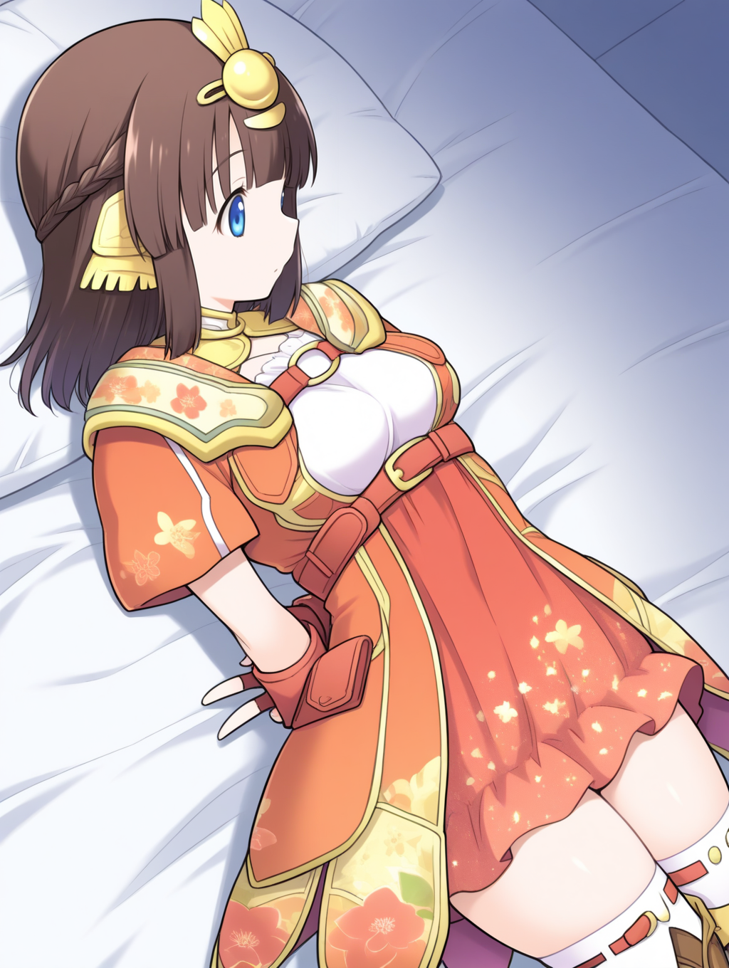 perfect quality,best quality,absolutely eye-catching,ambient occlusion,raytracing BREAK
1girl,<lora:miki hinamaturi IL v1.1:0.8>,hinamaturi,brown hair,medium hair,hair ornament,blue eyes,dress,short dress,fingerless gloves,thighhighs,boots,solo,, from side, looking away,cowboy_shot,on back,double_v,arms_behind_back,legs_together,