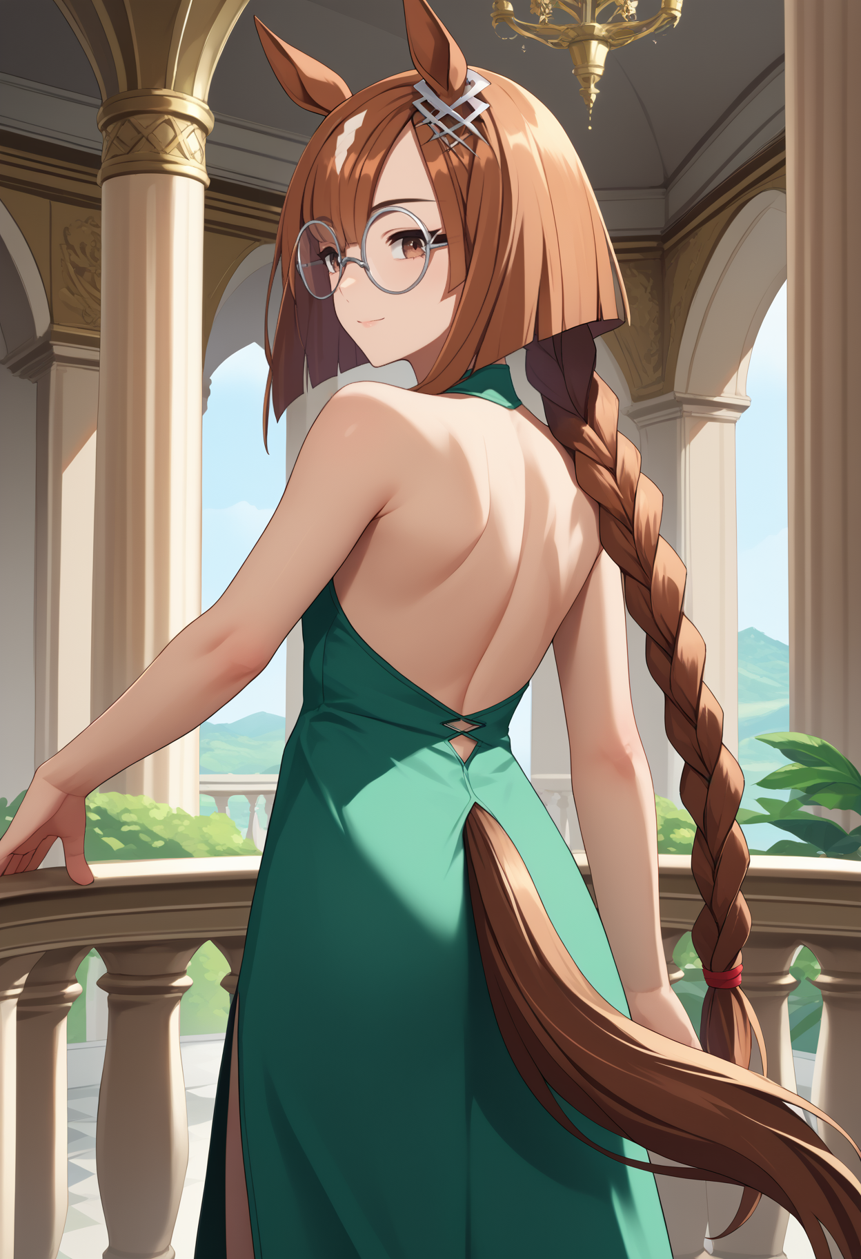 score_9, score_8_up, score_7_up, source_anime, <break> from behind, solo, 1girl, ikuno dictus, horse tail, light smile, looking back, long hair, multicolored hair, brown hair, asymmetrical bangs, braided ponytail, single braid, animal ears, ear ornament, brown eyes, glasses, round eyewear, green dress, backless dress, sleeveless dress, indoors, column, balcony, chandelier
<segment:yolo-face_yolov8m.pt,0.4,0.5//cid=1>